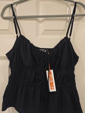 Ciao Lucia Black Drawstring Tank with Peplum Detail